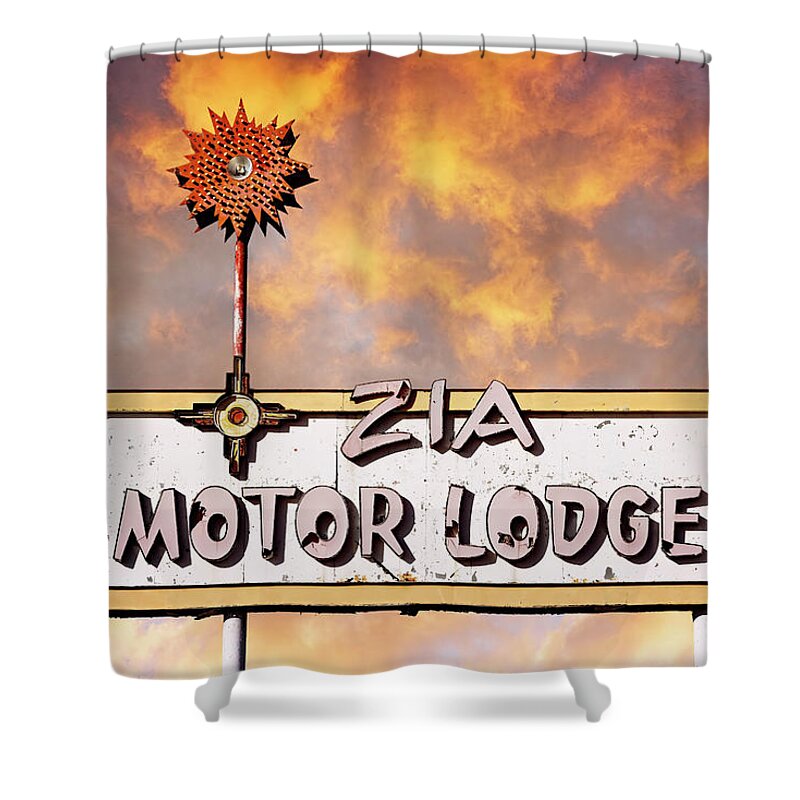 Route 66 Shower Curtain featuring the photograph Route 66 - Zia Motor Lodge Sign - Albuquerque by Susan Rissi Tregoning