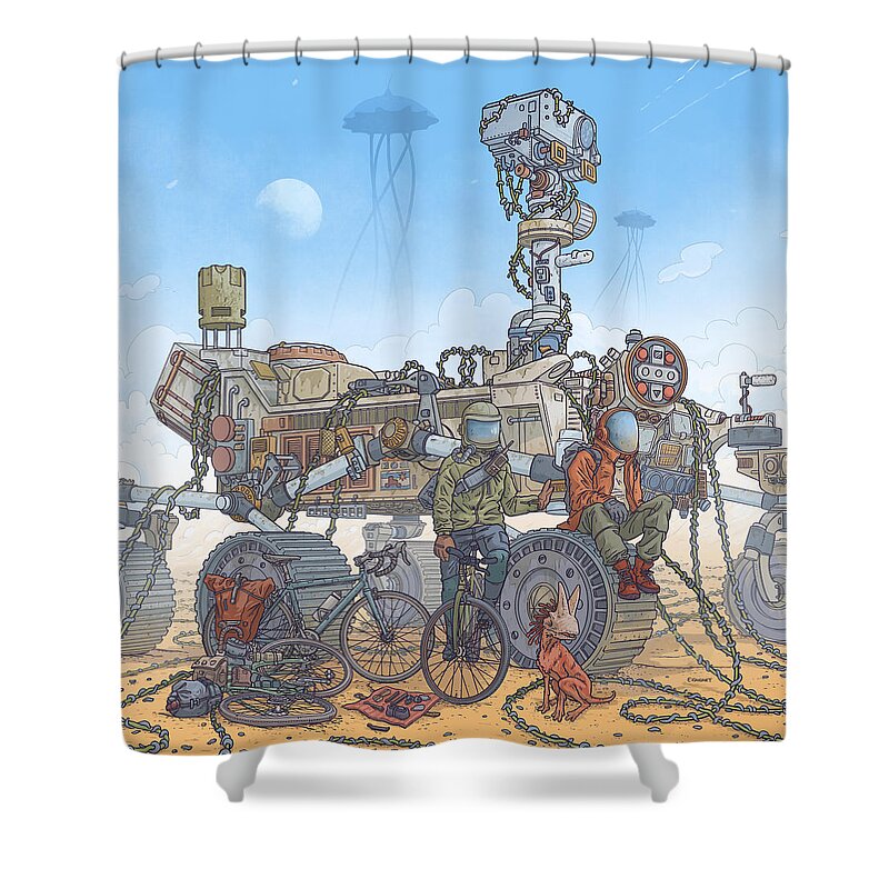  Shower Curtain featuring the digital art Rover Ruins Ride - w/ Helmets by EvanArt - Evan Miller