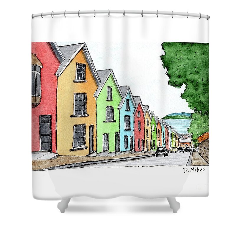 Colorful Houses Shower Curtain featuring the painting Row of Colorful Houses by Donna Mibus