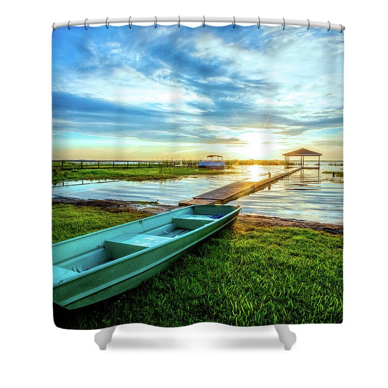 Docks Shower Curtain featuring the photograph Rowboat at the Water's Edge by Debra and Dave Vanderlaan