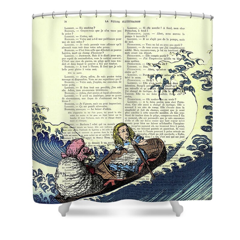 Alice In Wonderland Shower Curtain featuring the drawing Rowing Alice in Wonderland fantasy artwork by Madame Memento