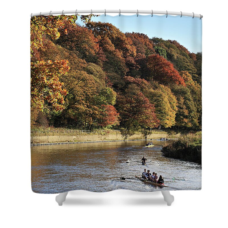 Autumn Shower Curtain featuring the photograph Rowing on the river Wear in autumn by Bryan Attewell