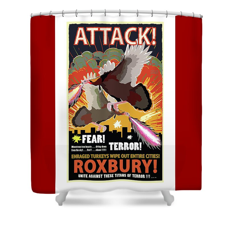 Brookline Turkeys Shower Curtain featuring the digital art Roxbury Attack by Caroline Barnes
