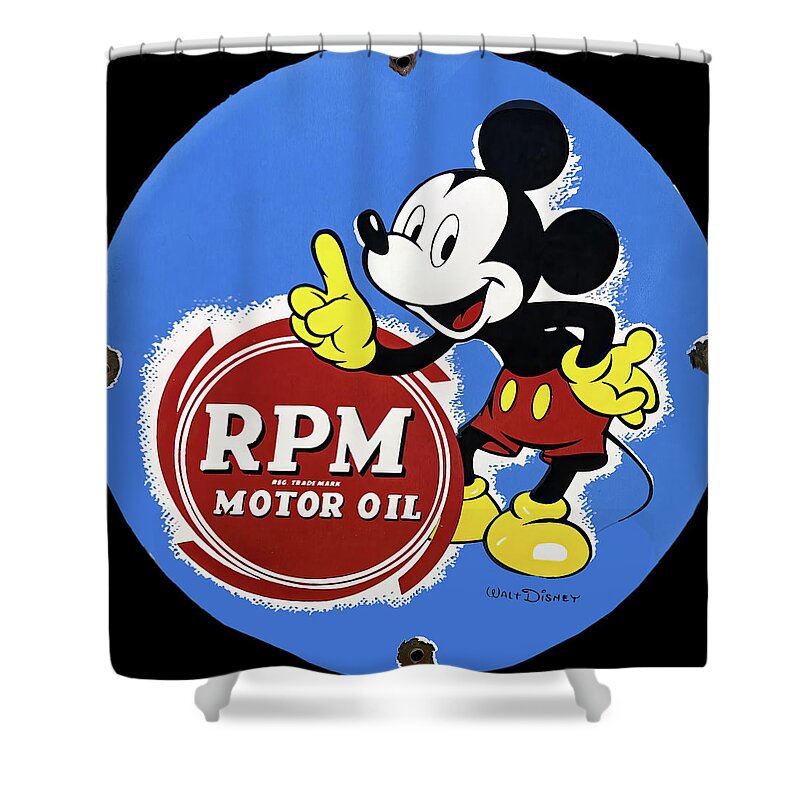 Rpm Motor Oil Shower Curtain featuring the photograph RPM Motor oil and Mickey Mouse vintage sign by Flees Photos