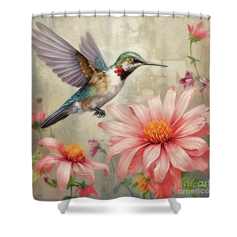 Ruby Throated Hummingbird Shower Curtain featuring the painting Ruby And The Daisy 2 by Tina LeCour