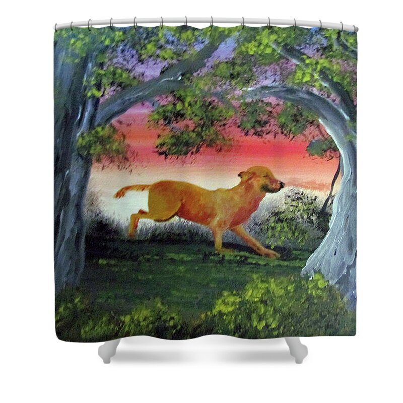 Dog Shower Curtain featuring the painting Running Through The Woods by Luis F Rodriguez