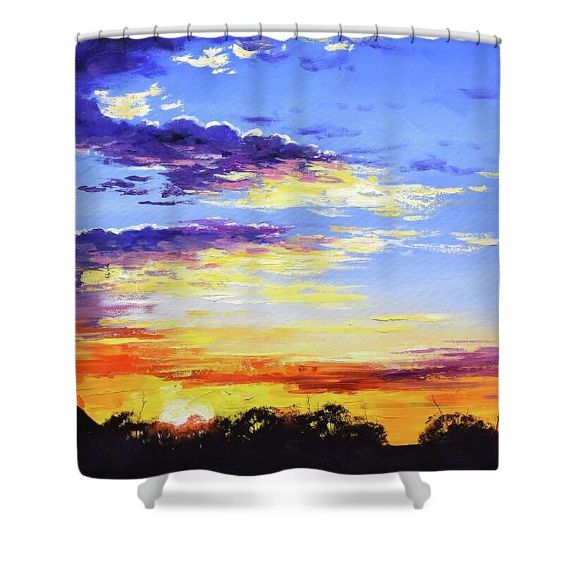 Sunset Shower Curtain featuring the painting Rural bush sunset by Graham Gercken