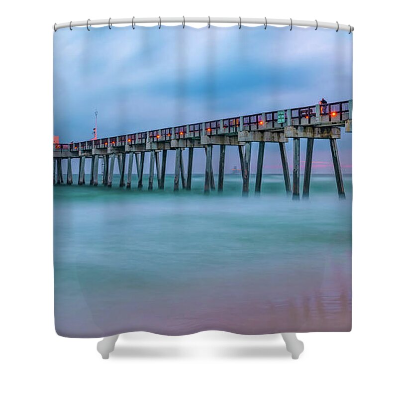 America Shower Curtain featuring the photograph Russell Fields Pier - Panama City Beach Ocean Panorama by Gregory Ballos