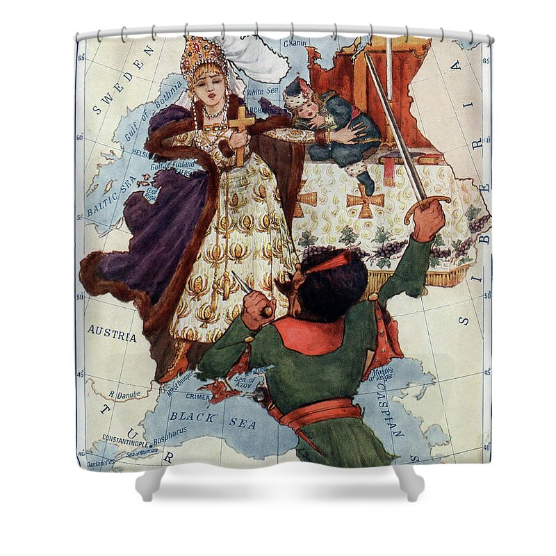1912 Shower Curtain featuring the drawing Russia. His Mother Strives to Protect the Little Tsar Peter by Lilian Tennant