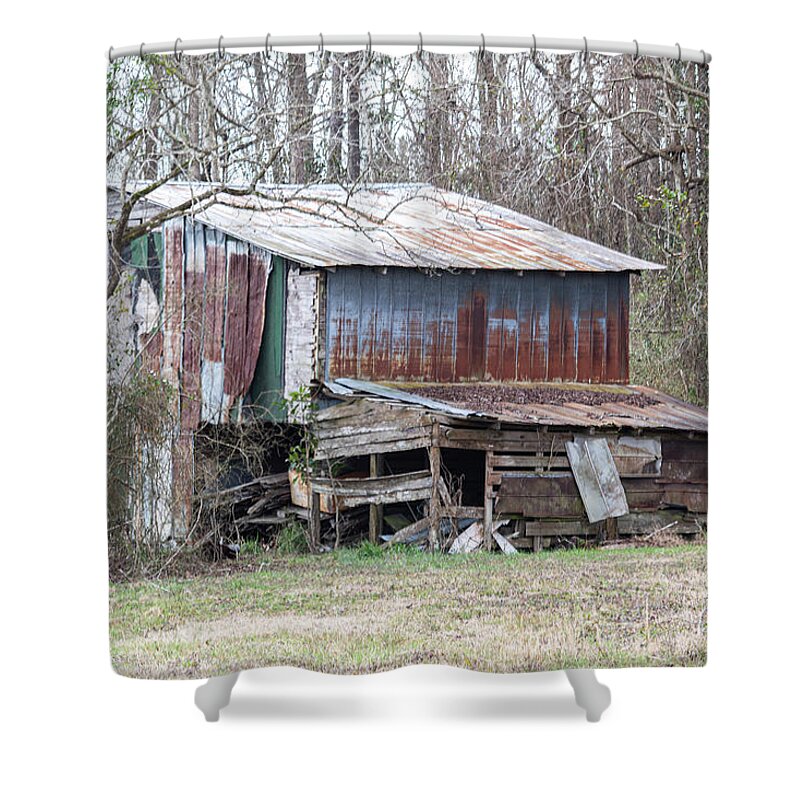 Abandoned Shower Curtain featuring the photograph Old Rusted Decaying Metal Barn in Onslow County North Carolina by Bob Decker