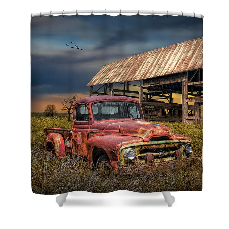 Harvester Shower Curtain featuring the photograph Rusted International Harvester Pickup Truck with Weathered Barn by Randall Nyhof