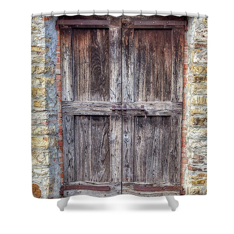Door Shower Curtain featuring the photograph Rustic Weathered Brown Wood Door by David Letts
