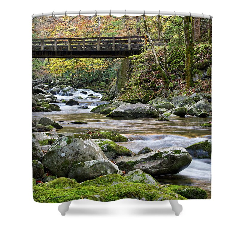 Autumn Shower Curtain featuring the photograph Rustic Wooden Bridge by Phil Perkins