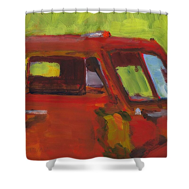  Day !6 Rusting In The Desert Shower Curtain featuring the painting Rusting in the Desert by Bill Tomsa