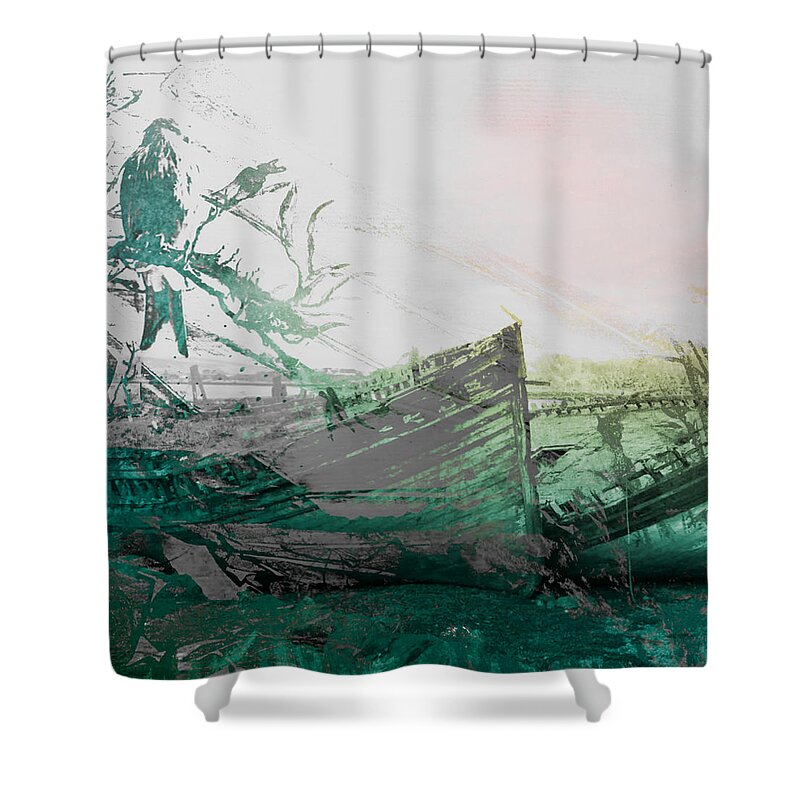 Boats Shower Curtain featuring the mixed media Rusty Boats by Ann Leech