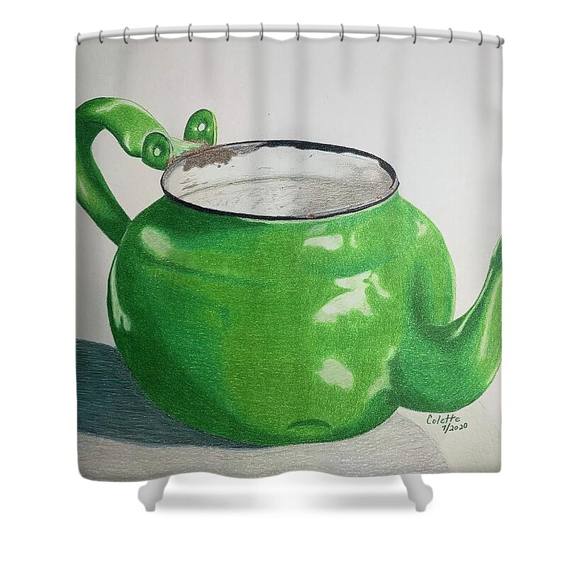 Green Teapot Shower Curtain featuring the drawing Rusty Lil Teapot by Colette Lee