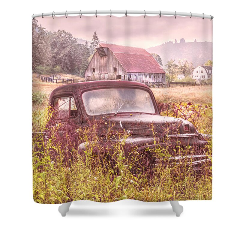 American Shower Curtain featuring the photograph Rusty Truck Deep in the Wildflowers in Soft Colors by Debra and Dave Vanderlaan