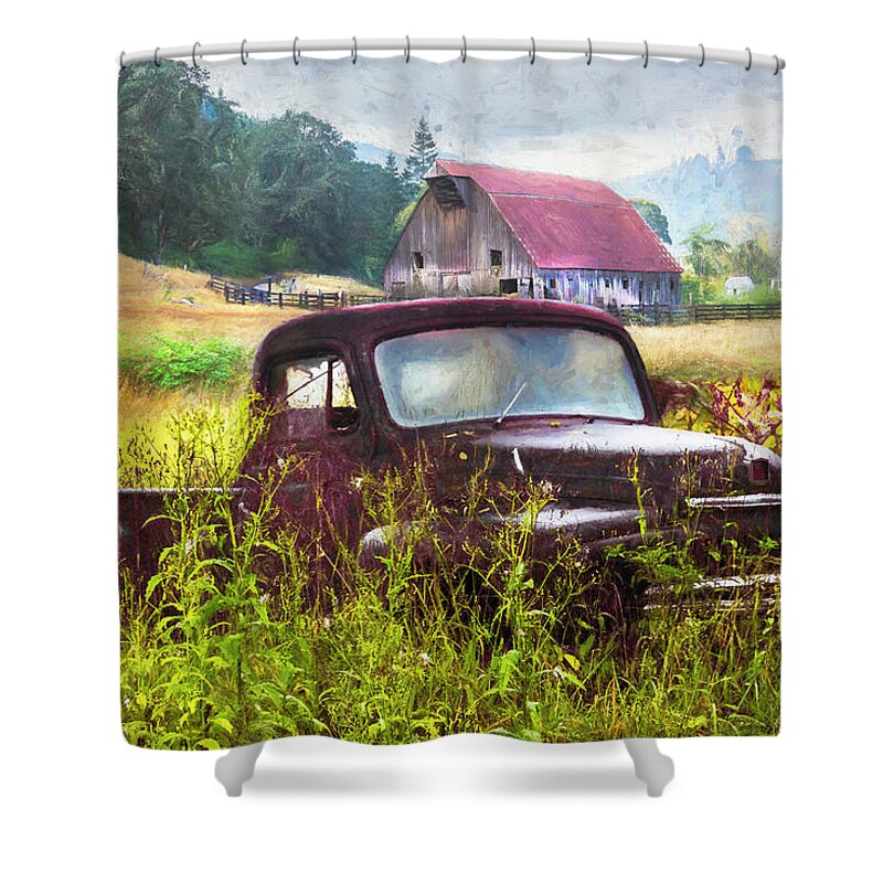 Barns Shower Curtain featuring the photograph Rusty Truck Deep in the Wildflowers Painting by Debra and Dave Vanderlaan