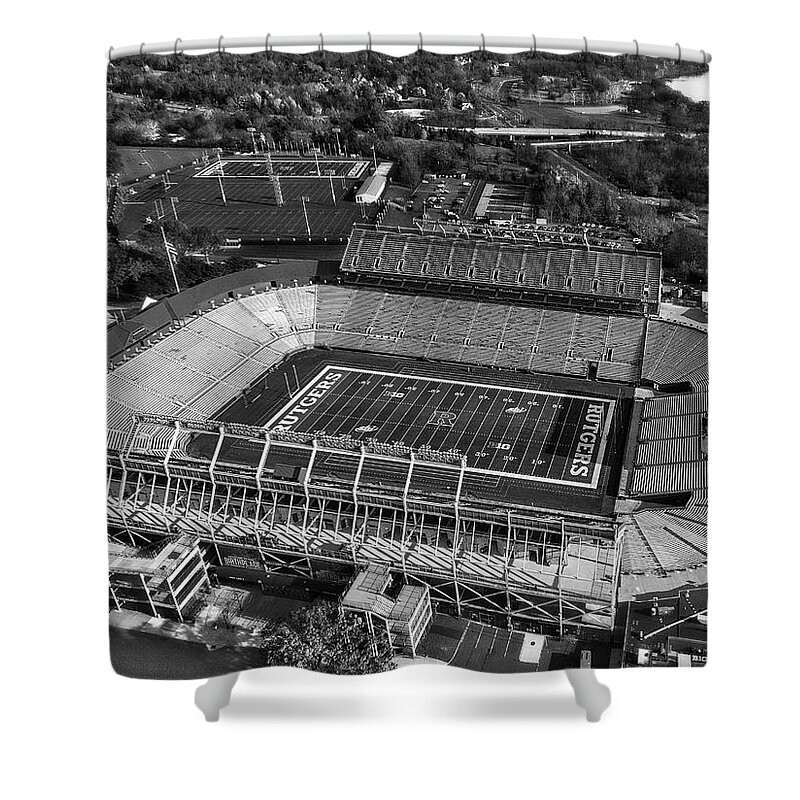 Rutgers Shower Curtain featuring the photograph Rutgers Football Stadium NJ BW by Susan Candelario