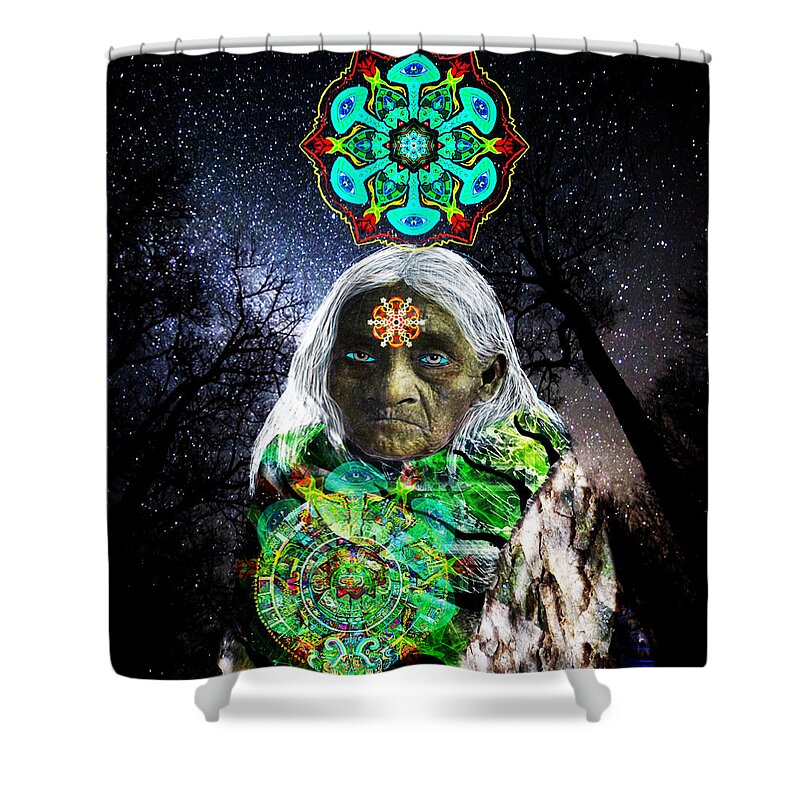 Visionary Shower Curtain featuring the mixed media Sabina, Medicine Woman by Myztico Campo