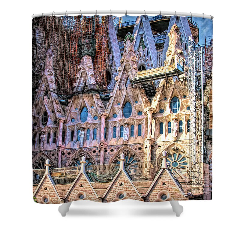 Barcelona Shower Curtain featuring the photograph Sagrada Familia Basilica detail by Tatiana Travelways