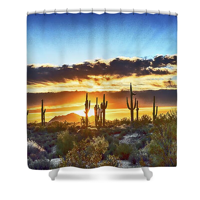 Arizona Shower Curtain featuring the photograph Saguaro Sunrise Panorama, Arizona by Don Schimmel