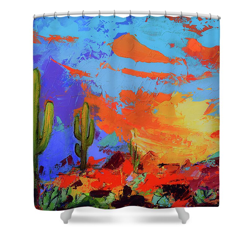 Saguaros Shower Curtain featuring the painting Saguaros Land Sunset by Elise Palmigiani