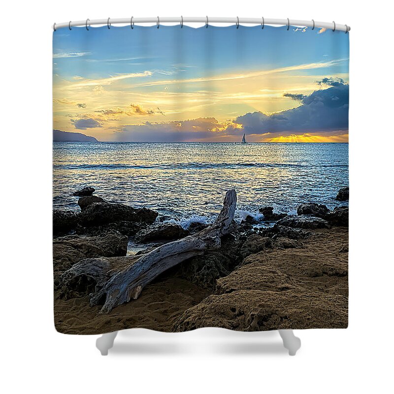 Seascape Shower Curtain featuring the photograph Sailboat Cruise At Sunset by Rachel League