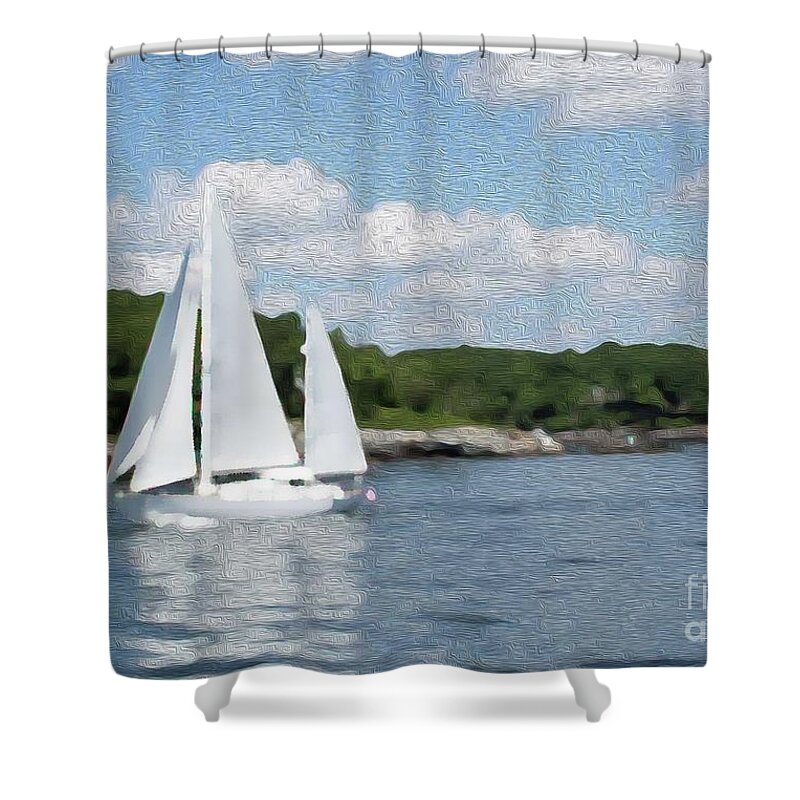 Casco Bay Shower Curtain featuring the digital art Sailboat in Casco Bay, Maine by Patti Powers