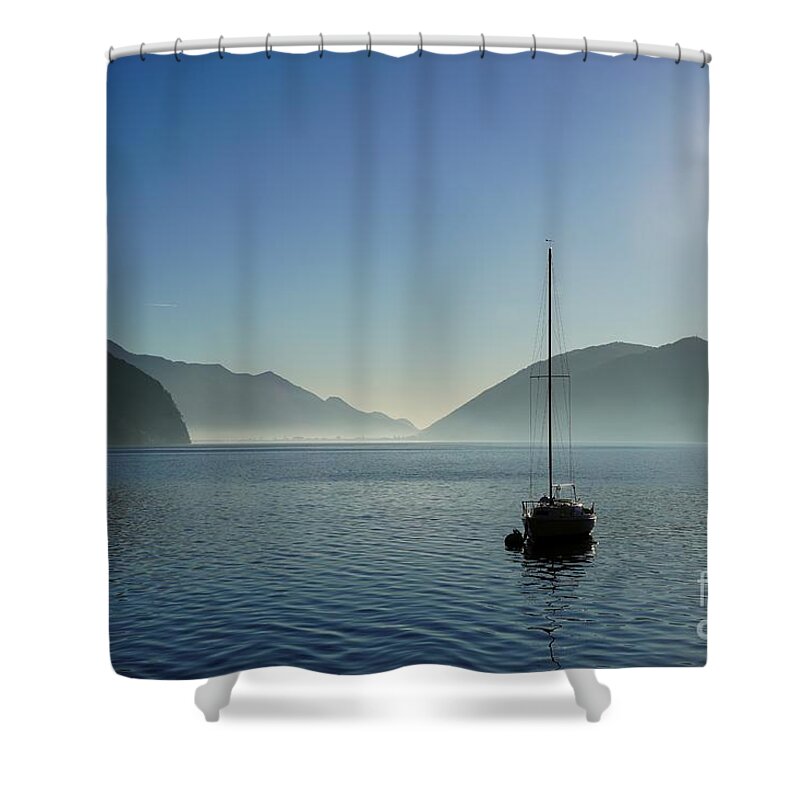 Lake Lugano Shower Curtain featuring the photograph Sailboat On Lake Lugano. Switzerland by Claudia Zahnd-Prezioso