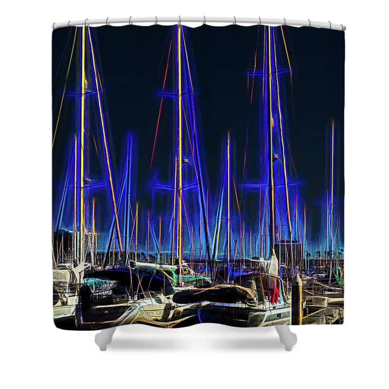 Sailboats Shower Curtain featuring the photograph Sailboats in Blue Night Glow with Reflections by Roslyn Wilkins