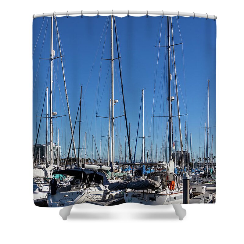 Sailboats Shower Curtain featuring the photograph Sailboats with Reflections in Blue Water by Roslyn Wilkins