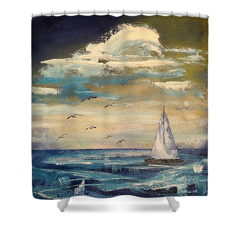 Yacht Seascape Shower Curtain featuring the painting Yacht Sailing Downwind by Catherine Ludwig Donleycott