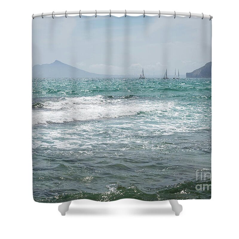 Mediterranean Coast Shower Curtain featuring the photograph Waves and sailboats on the Mediterranean coast by Adriana Mueller