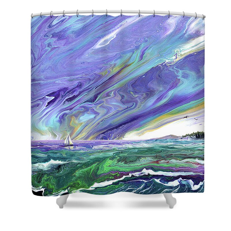 Oregon Shower Curtain featuring the painting Sailing into the Amethyst Sea by Laura Iverson