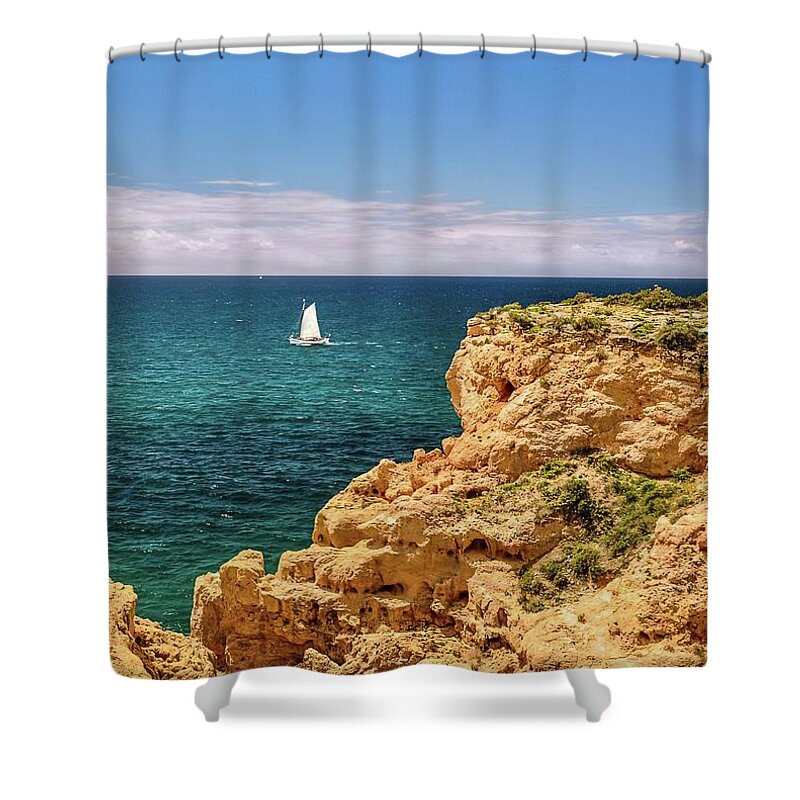 Algarve Coast Shower Curtain featuring the photograph Sailing Off the Algarve Coast in Portugal by Rebecca Herranen