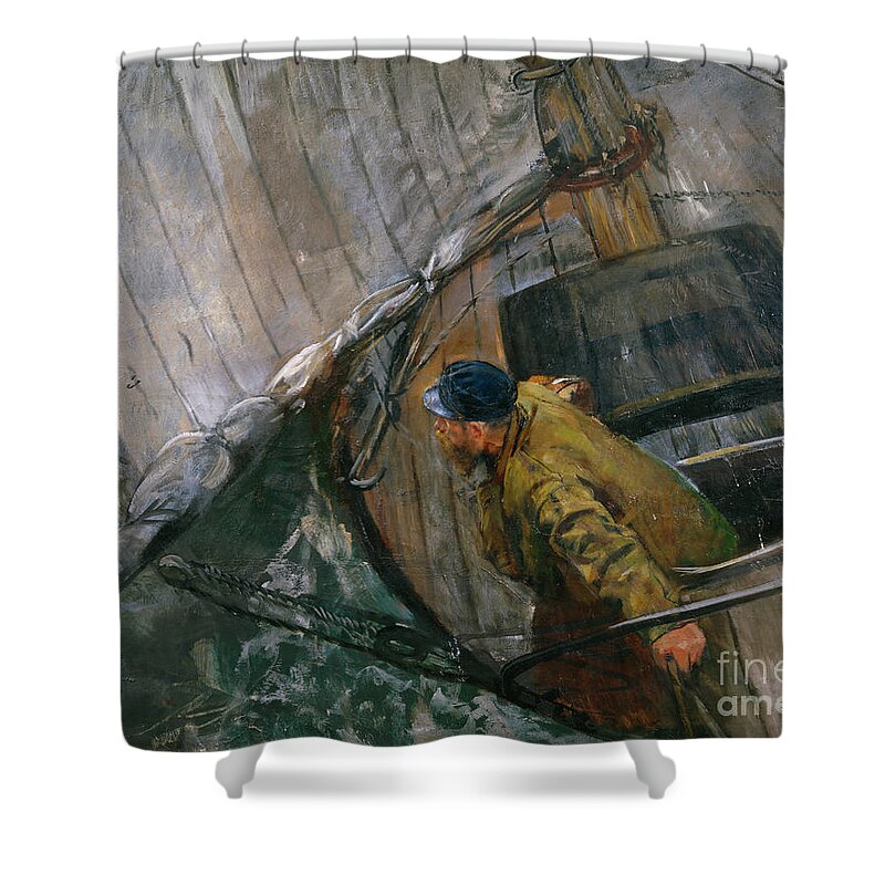 Christian Krohg Shower Curtain featuring the painting Sailing with reef sails by O Vaering by Christian Krohg