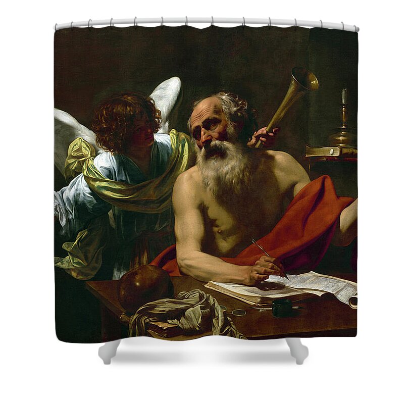 Simon Vouet Shower Curtain featuring the painting Saint Jerome and the Angel, 1625 by Simon Vouet