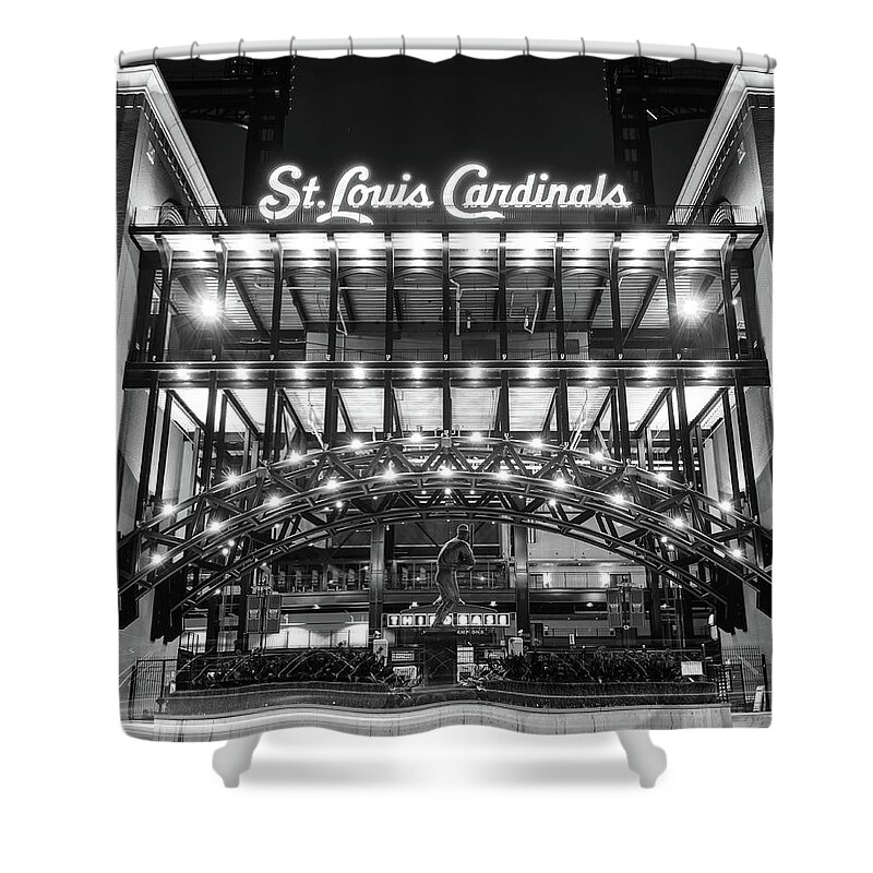 Cardinals Stadium Shower Curtain featuring the photograph Saint Louis Busch Stadium and Stan Musial Statue - Black and White by Gregory Ballos
