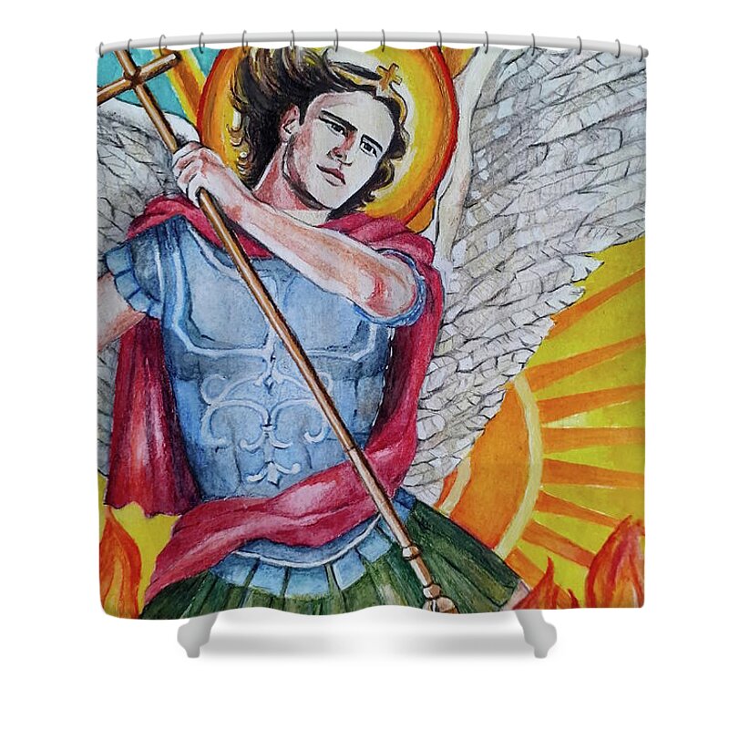 Angel Shower Curtain featuring the painting Saint Michael fighting darkness by Carolina Prieto Moreno