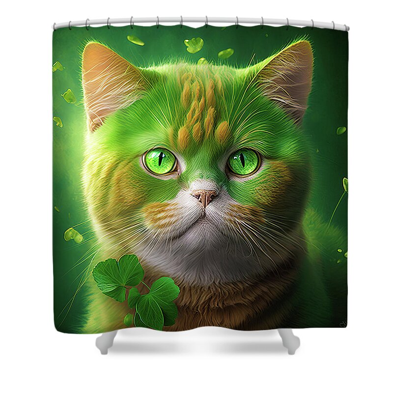 Cat Shower Curtain featuring the digital art Saint Patricks Day Cat 05 by Matthias Hauser