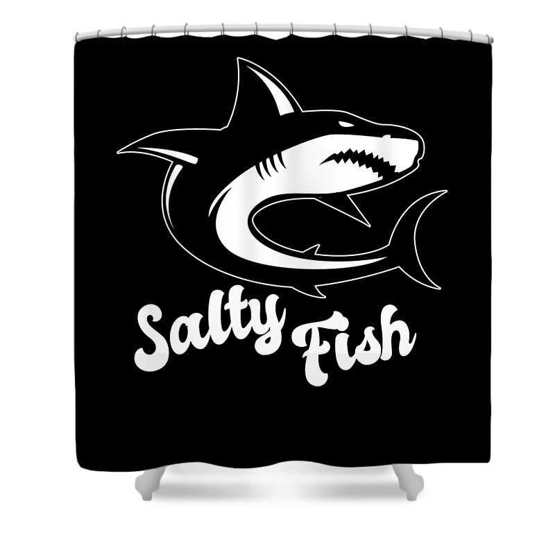 Cool Shower Curtain featuring the digital art Salty Fish Sassy Shark Pun by Flippin Sweet Gear