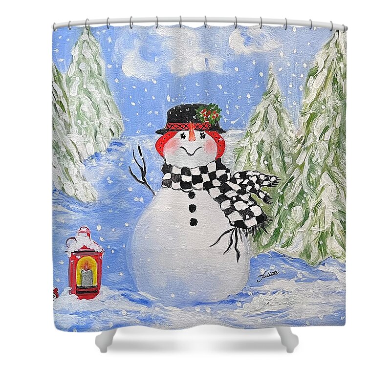 Snowman Shower Curtain featuring the painting Sammy the Snowman by Juliette Becker
