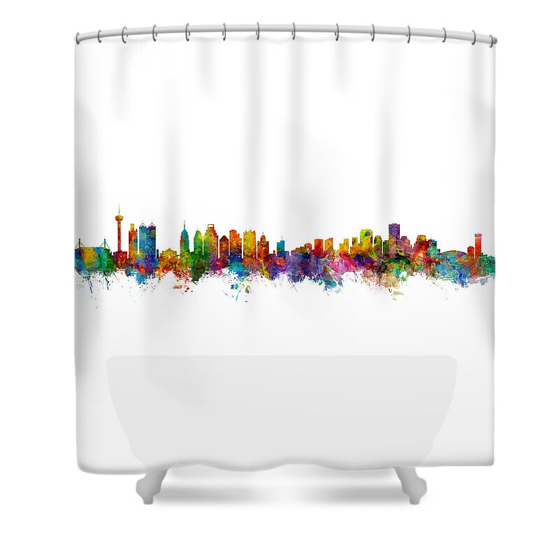 San Antonio Shower Curtain featuring the digital art San Antonio and New Orleans Skyline Mashup by Michael Tompsett
