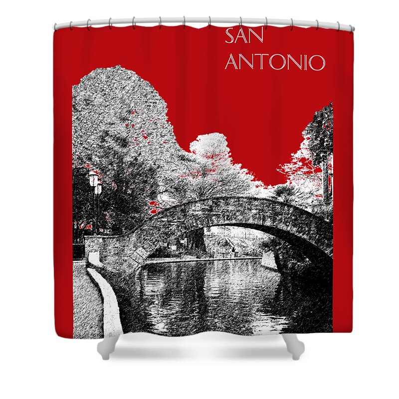 Architecture Shower Curtain featuring the digital art San Antonio Skyline River Walk - Dark Red by DB Artist