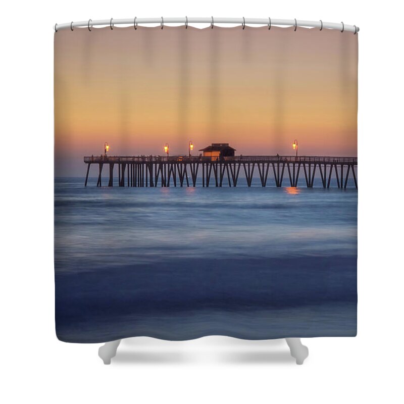 San Clemente Pier Shower Curtain featuring the photograph San Clemente Pier Glow by Rebecca Herranen