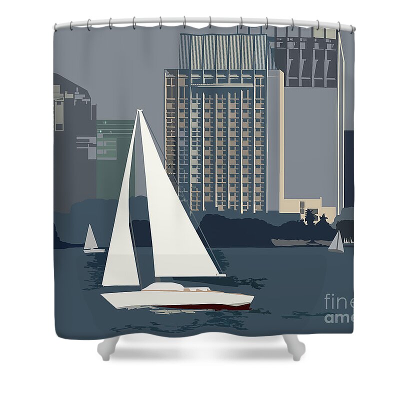 San Diego Shower Curtain featuring the digital art San Diego Bay Sailing by Kirt Tisdale