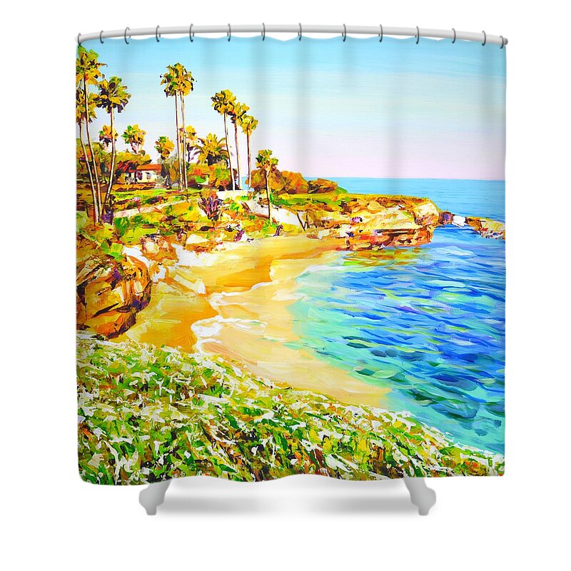 Ocean Shower Curtain featuring the painting San Diego Beach. California. by Iryna Kastsova