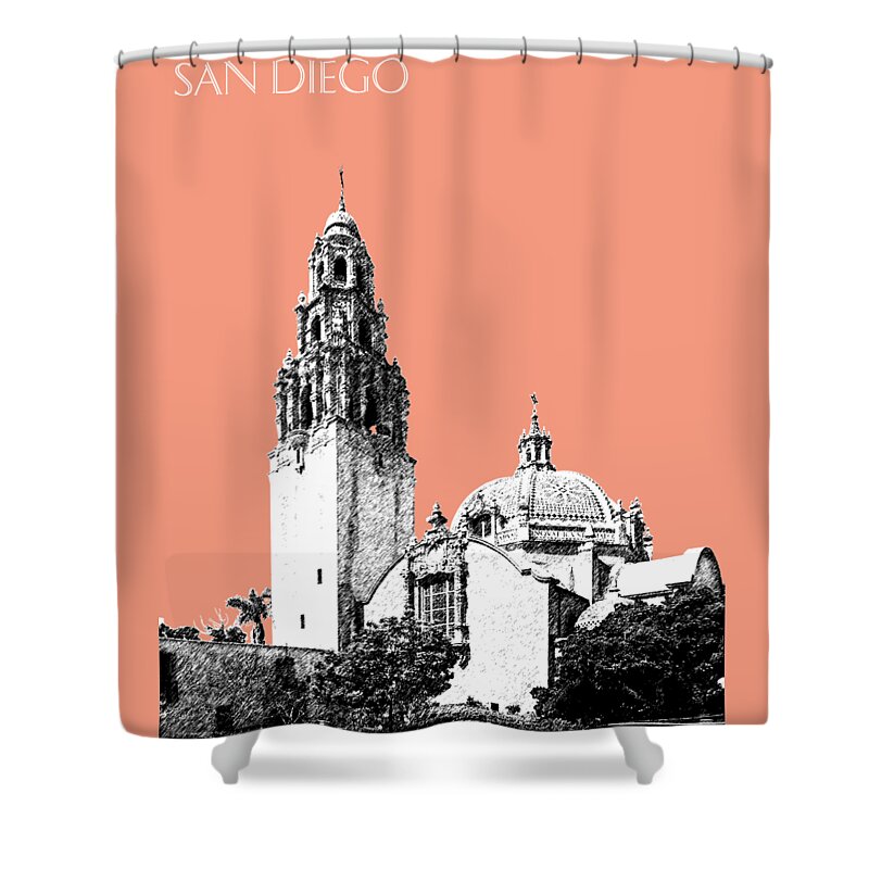 Architecture Shower Curtain featuring the digital art San Diego Skyline Balboa Park - Salmon by DB Artist