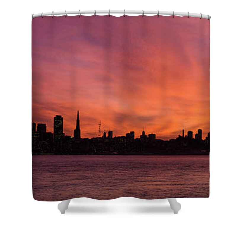 Golden Gate Bridge Shower Curtain featuring the photograph San Fran and the Golden Gate Bridge Panorama by Linda Villers